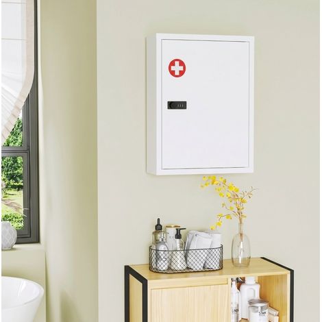 Armario de pared para medicamentos de 40x15x53,5 cm, puerta con cerradura de combinación, 3 niveles, acero blanco (1/5)