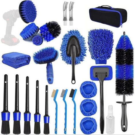 Kit de 25 brosses de nettoyage pour l'intérieur, l'extérieur et le tableau de bord de votre voiture. Comprend une perceuse et des brosses de précision. (1/5)