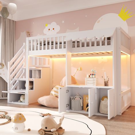 Lit mezzanine enfant en bois 90x200 avec LED,rangement,escalier de rangement,lit mi hauteur,cadre de lit enfant,blanc (1/5)