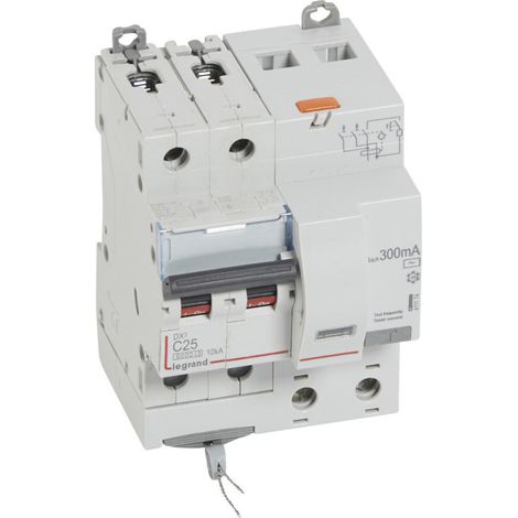 Disjoncteur différentiel monobloc DX6000 10kA arrivée haute et départ bas à vis 2P 230V à 400V 25A typeAC 300mA (411174)