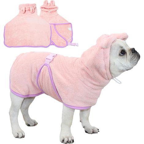 Peignoir pour chiens et chats - ultra-absorbant - séchage rapide - serviette de bain pour chien - peignoir à capuche - encolure ajustable - sangle ventrale - idéal pour la piscine et la plage - rose - (1/5)