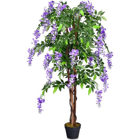 Costway – Plante verte artificielle wisteria 150cm – Fleurs violettes – Pot de 17,5cm – Décoration intérieure et extérieure sans entretien (1/5)