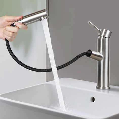 GBLY Wasserhahn Bad Waschtischarmatur Waschbecken - Ausziehbar Armatur Gebürstet Mischbatterie mit Herausziehbar Brause Waschtischwasserhahn Kaltwasserhahn Badarmatur für Badzimmer Garten Küche (1/5)