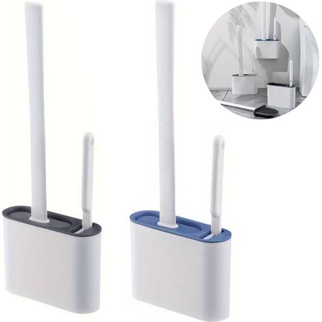 1 Lot De 2 Brosses De Toilette Et 1 Support, Brosse De Toilette Bleu Pour Salle De Bain Et Ensemble De Supports (Gris + Murale) (1/5)