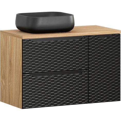 Waschtisch 90cm in Eiche mit schwarz, OLUO-56-BLACK, Front mit 3D-Struktur in Wellenoptik (1/5)