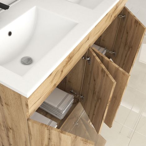 meuble de salle de bains 120cm 4 porteschêne naturel + vasque céramique blanche - timber 120 — vue 2