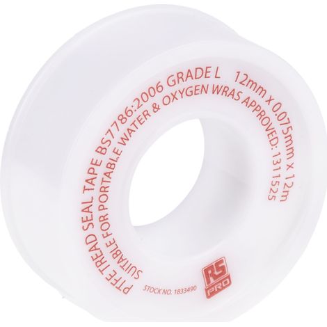 Ruban Téflon, 12mm x 0.075mm RS PRO Blanc, +230°C ( Prix pour 1 )