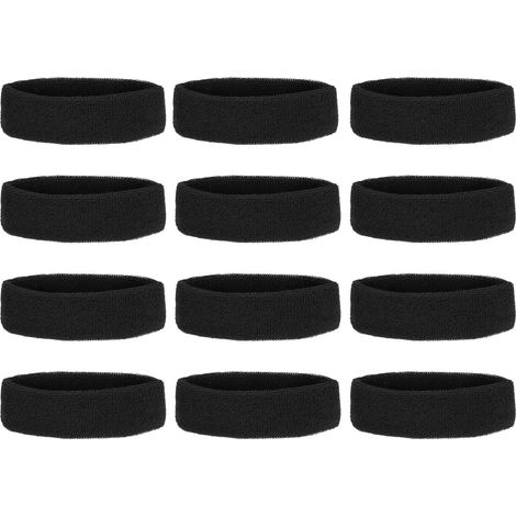 12er-Packung Schweißbänder und Stirnbänder, Frotteeoberfläche, Damen-Schweißbänder, Herren-Sportarten, Basketball, Tennis, Leichtathletik, schwarz. (1/3)