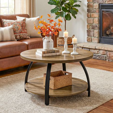 Table basse ronde 80 cm en bois – Table de salon à 2 tablettes de rangement, meuble d’appoint au style campagne (1/5)