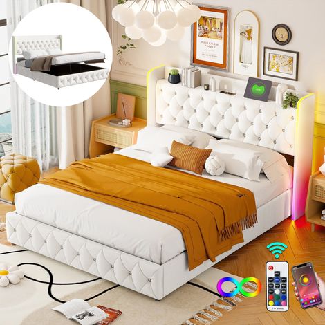 Cama canapé de 140x200 cm, cama de adultos de 160x200 cm, con iluminación LED, función de carga USB, cama doble de terciopelo, somier de láminas, cama juvenil - Beige