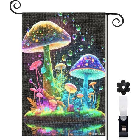 Drapeau de jardin bienvenue 30 x 45 cm motif champignons multicolores et nature toile double face (1/5)
