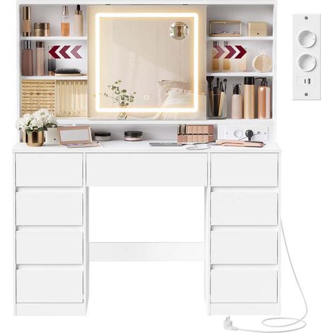 Coiffeuse design moderne avec miroir et 9 tiroirs 40 x 110 x 141,5 cm rangement bijoux pratique en aggloméré blanc (1/2)