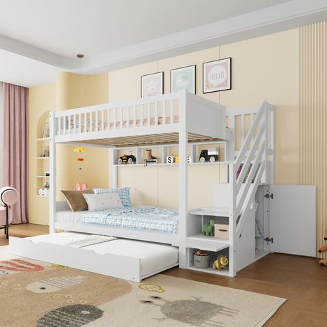 Lit superposé en pin blanc 90x200 cm avec lit gigogne, escalier de rangement, étagères et armoire (1/5)