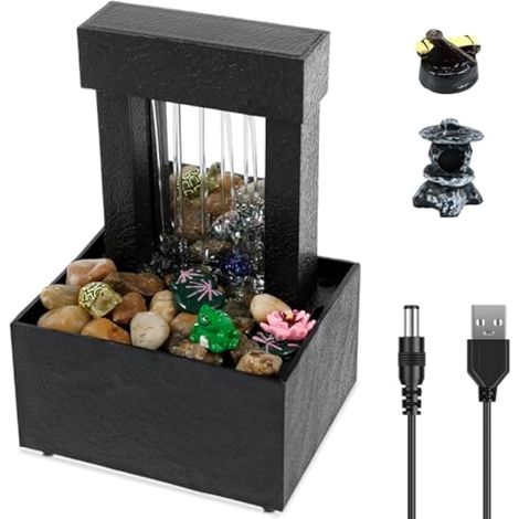 Fontaine de table avec lumière, mini fontaine cascade d'intérieur, fontaine de bureau à piles/USB, fontaine cascade de méditation, relaxation du corps pour table, bureau, maison, chambre à (1/5)