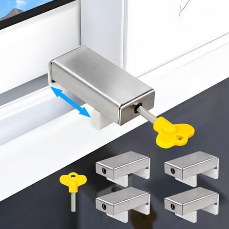 Verrous pour fenêtres coulissantes (4 jeux), largeur réglable 10-60 mm, acier inoxydable, avec clé, adaptés à la sécurité des fenêtres coulissantes verticales et horizontales. (1/4)