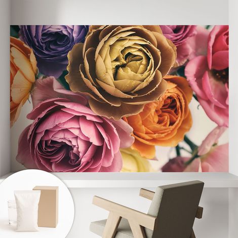 Fototapete - Tapete Vliestapete mit Kleber - Wandtapete Moderne Wandbild Schlafzimmer Wohnzimmer Bunte Rosen 104x70 cm (1/5)