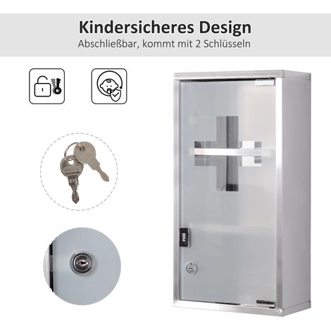 Armoire à pharmacie en acier inoxydable, rangement de médicaments verrouillable avec 3 compartiments, porte vitrée 25 x 12 x 48 cm, argenté (1/4)
