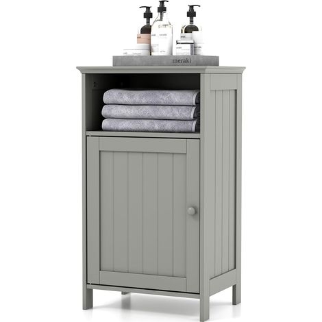 GOPLUS Meuble de Rangement pour Salle de Bains, Armoire de Salle de Bain avec 1 Porte, Armoire avec Étagère Réglable, Gris (1/4)