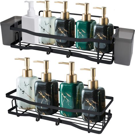 Étagère de Douche Sans Percage - 2 Niveaux, Grande Capacité avec Porte-Savon et Porte-Brosse à Dents, Noir (1/5)
