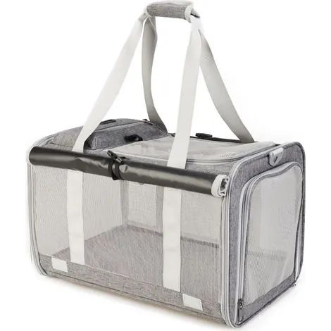 Sac de transport pliable et portable pour petits chats et chiens, avec grande ouverture et respirabilité, idéal pour les voyages (mains libres), gris clair. (1/3)