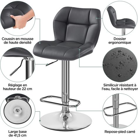 Yaheetech – Lot de 4 tabourets de bar réglables en hauteur – Similicuir et métal – Hauteur d'assise 62,5-84,5 cm – Capacité 136 kg – Gris