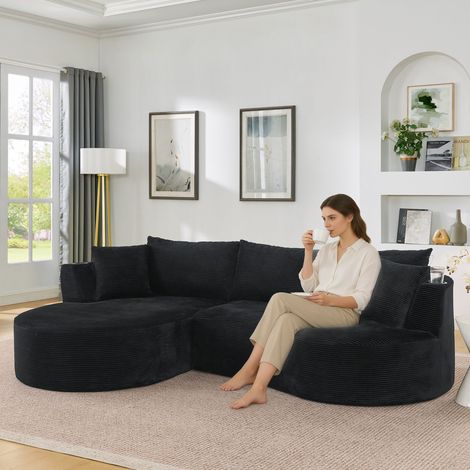 Canapé 3 places compressible + méridienne gauche + canapé 2 places, velours côtelé, porte-gobelet, coussins inclus, sous vide, noir, salon/hôtel (1/4)