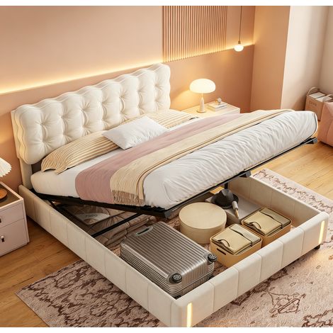 Lit coffre 160x200 cm,Lit capitonné avecéclairage LED,Lits double avec Grand Rangement Hydraulique,sommier à lattes,pour Adultes et Adolescents,en Velours Beige (1/5)