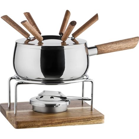 MÄSER 931895 6 Persone, Design Moderno e Rustico, Ideale Carne, Set da 10 Pezzi, con forchette e bruciatore per fonduta, Acciaio Inossidabile Legno, Argento, Marrone (1/5)