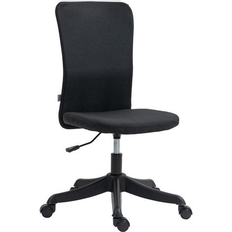 Chaise de bureau noire en lin synthétique avec roulettes, hauteur réglable 85-93 cm, design sobre et pratique