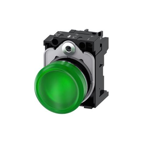Indicatori luminosi, 22 mm, rotondi, in metallo, lucido, verde, trasparente, liscio, con supporto, modulo LED con LED integrato 110 V AC, morsetto a vite