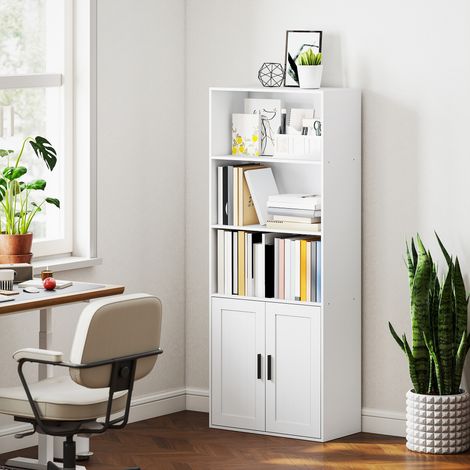 Bibliothèque avec étagères ouvertes et armoire à 2 portes avec étagère intérieure réglable. 60 x 30 x 145,5 cm. Blanc