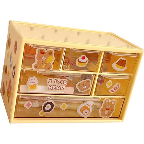 Organiseur de bureau à 6 tiroirs, empilable, en plastique, à 3 niveaux, pour ranger fournitures de bureau (maison, dortoir, bureau), jaune. (1/5)