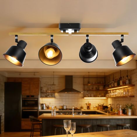 Spot de Plafond 4 Ampoules, Pivotant 350°, Plafonnier Vintage Plafonnier LED, Douille E14 Lampe Industrielle Grain de Bois pour Cuisine, Salon, Chambre, Noir (Ampoule Non Incluse) (1/5)