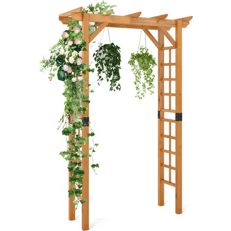 Arche de Jardin en Bois de Sapin avec Toit et Treillis Latéraux, Arche à Rosiers Orange, Structure Renforcée Métal, Pergola Décorative pour Plantes Grimpantes, Mariage et Entrée Extérieur