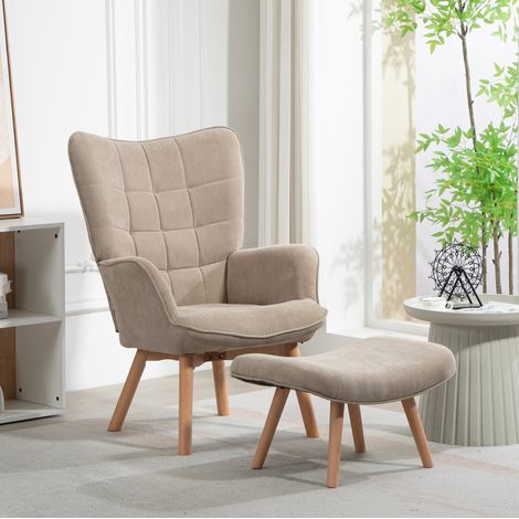 Sillón orejero con reposapiés 72x80x101 cm caqui poliéster con patas de madera y acolchado cómodo (1/5)
