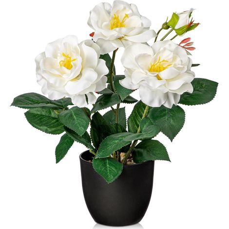 Kunstblumen Kunstrosen Rosenbusch Topf Höhe 28 cm Büro Weiß (1/5)