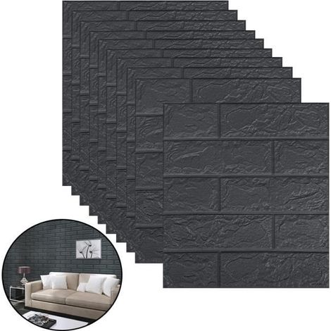 Stickers Muraux Brique 3D, 10pcs 35×38.5cm 3D Brique de Pierre Brique Fond d'écran Décoradif Imperméable, Noir (1/4)