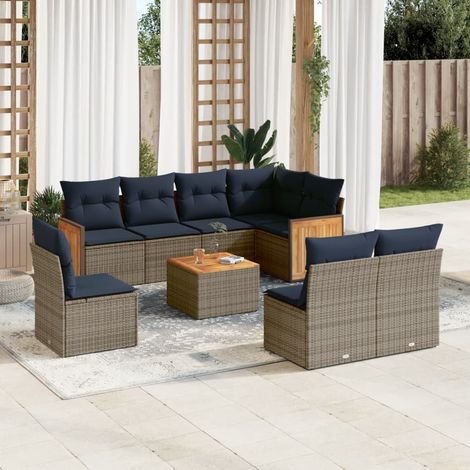 9-teiliges Gartensofa-Set mit Kissen, grau, Polyrattan (1/5)