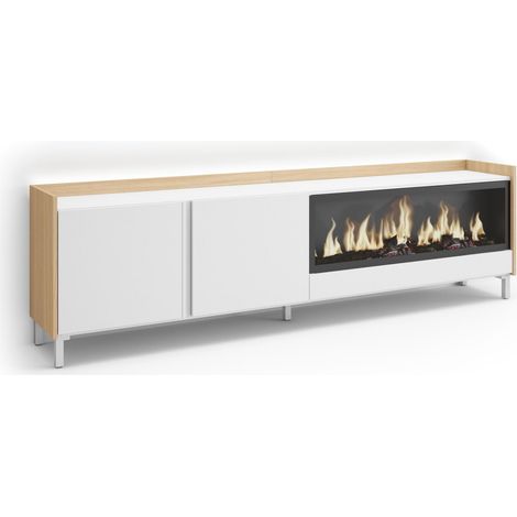 Skraut Home - Mueble TV, Televisión, Muebles de salón, almacenaje, 212x35x61cm, Para TV hasta 80", Chimenea eléctrica XXL, Diseño industrial, LED, Estilo Moderno, Blanco y roble soft (1/5)