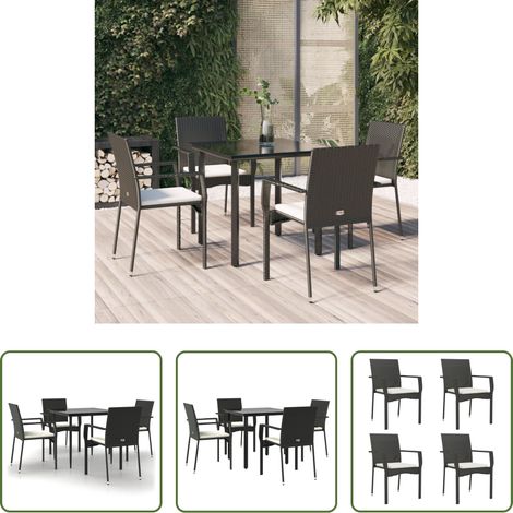 Gartenessgruppe - 5-tlg. Garten-Essgruppe mit Kissen Schwarz Poly Rattan (1/5)