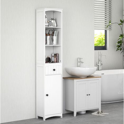 Badezimmerschrank Hochschrank, 3 Regale und 1 Schublade, 34 x 24 x 170,5 cm, weiß HAVRYA (1/5)
