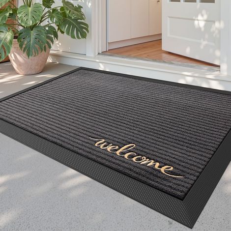 Paillasson Exterieur Entree, Tapis Entrée 60x90cm Gris Bienvenue  Dépoussiérage Efficace, Antidérapant et Anti-Saleté, Profil Bas, Facile à Nettoyer, pour Couloir, Jardin et Cour (1/5)