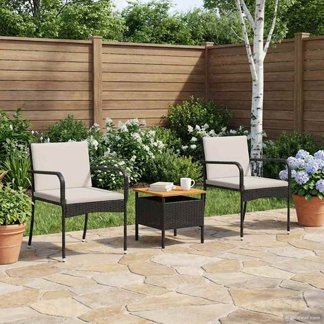 Ensemble de jardin en polyrotin noir avec table, coussins et plateau en acacia – 40 x 40 x 40 cm - PANGIVO (1/5)