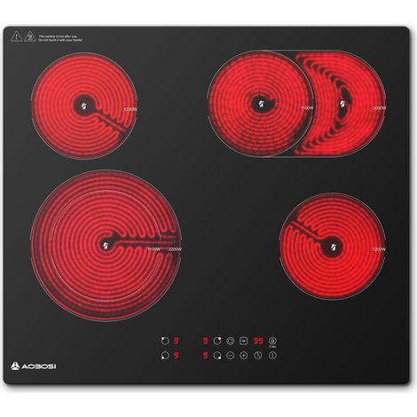 Aobosi Glaskeramikkochfeld 4 Platten 60cm,Herdplatte 4 Kochfelder mit Sensor-touch Control,9 Leistungsstufe,Dual-Zone und Bratzone, Pause-Funktion,6600W,Sicherheitsverriegelung,Timer (1/5)