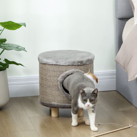3-in-1 Katzenhaus, Hocker, Katzenbett mit Kratzbaum, Holzbeine, Federdesign, 36 x 36 x 38 cm, Grau
