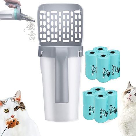 Pelle à litière pour Chat de qualité supérieure avec Support,Pelle à litière Chat avec Sacs à litière pour chatPortable de Grande capacité,Pelle à litière pour Chat (8 boîtes de 15 Sacs) (1/2)