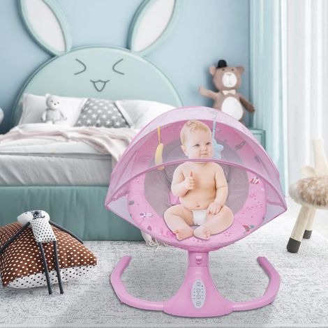 Culla elettrica con 4 velocità di oscillazione - Zanzariera pieghevole - Musica - Giocattolo - Cintura di sicurezza a 3 punti - Altalena per bambini - Sedia a dondolo con funzione timer - Rosa (1/5)
