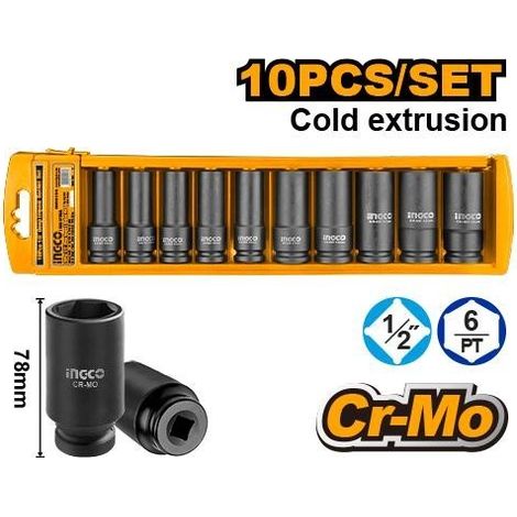 INGCO CARRACA 1/2" VASOS IMPACTO LARGO 10-12-13-14-15-17-19-21-22-24 mm.(ESTUCHE 10 PZ.HKISSD12102L