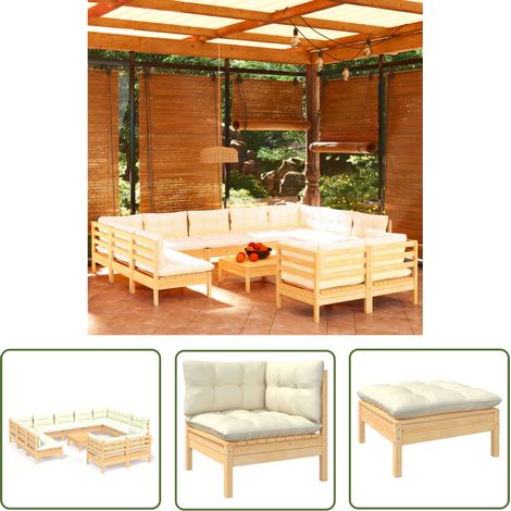 Salon de jardin 12 pcs - Canapé de jardin - Ensembles de Meubles d'exterieur - avec coussins crème Bois de pin massif Chic-648411 (1/5)