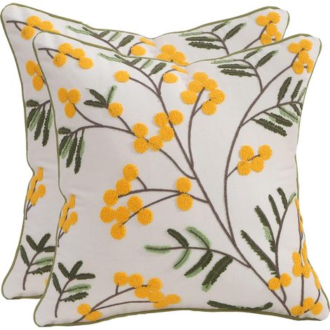 Lot de 2 Housses de Coussin Décoratives 45x45cm Broderie de Fleurs Taies d'oreiller Décoratif pour Canapé Salon Chambre Chaise Lit Jardin (1/4)